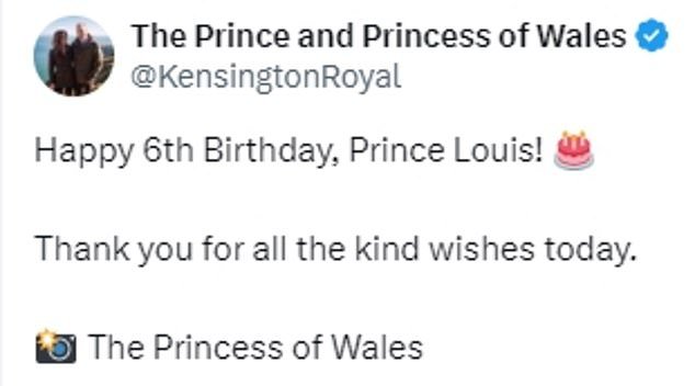 The photo was posted to the Prince and Princess of Wales' social media accounts, thanking royal fans for all the kind wishes they had sent to the young prince.