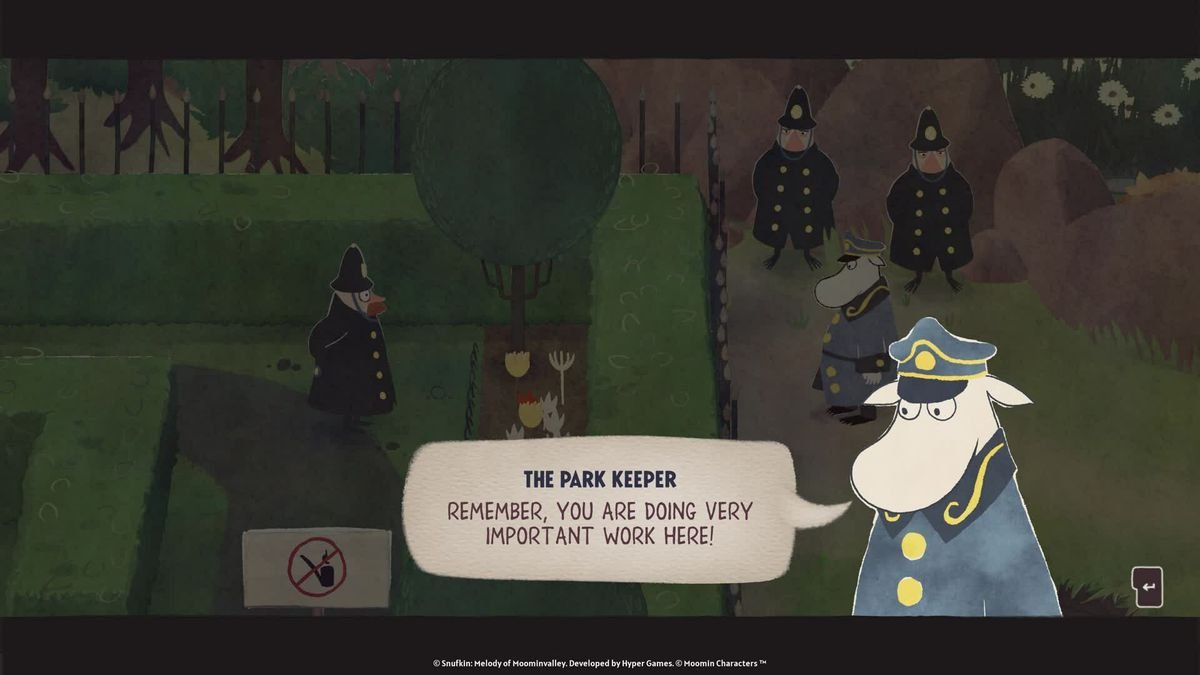 The Moomin park ranger tells police officers that they are doing a good job in Snufkin: Melody of Moominvalley