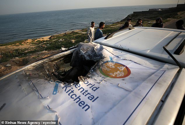 The wreckage of one of the Israeli-hit World Central Kitchen vehicles shows a gaping hole blown in the roof