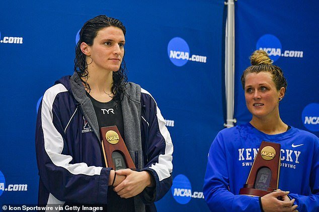 Lia Thomas and Gaines react after finishing tied for 5th in the 200 freestyle final at the NCAA Swimming and Diving Championships on March 18, 2022