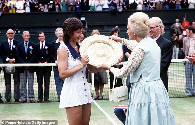 July 7, 1978, Wimbledon Ladies Tennis Final, Navratilova receives the trophy from the Duchess of Kent after her victory