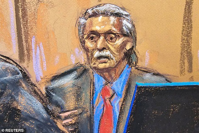 David Pecker is questioned by prosecutor Joshua Steinglass during former US President Donald Trump's criminal trial on charges that he falsified business records to hide money paid to silence porn star Stormy Daniels in 2016, in Manhattan District Court in New York City, USA, April 23, 2024 in this courtroom sketch