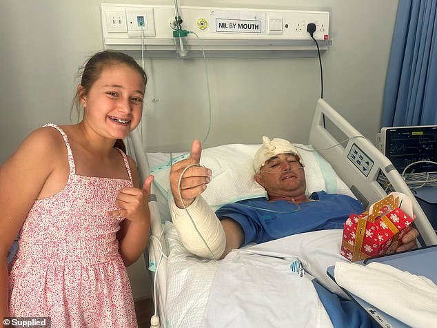 A later photo showed Guy giving a thumbs up in hospital with his head and hands still bandaged, and Hannah wrote that he 'came out of the cinema' with his wounds 'cleaned and re-stitched'.