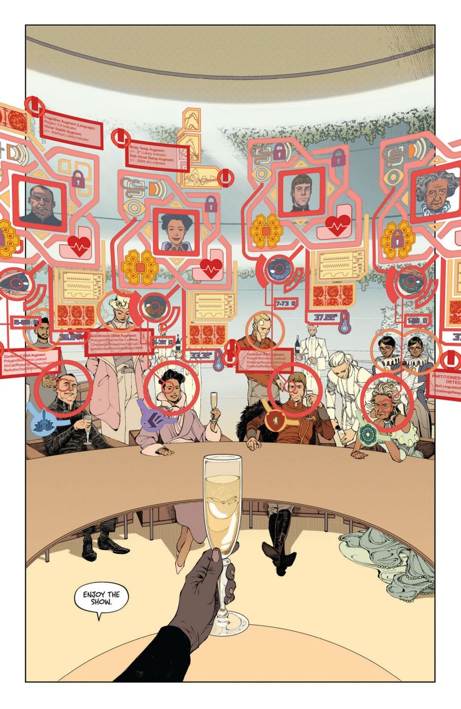A full-page illustration from Dawnrunner #1, featuring a point-of-view shot of a man holding a champagne glass at a table of guests identified via an augmented reality heads-up display.