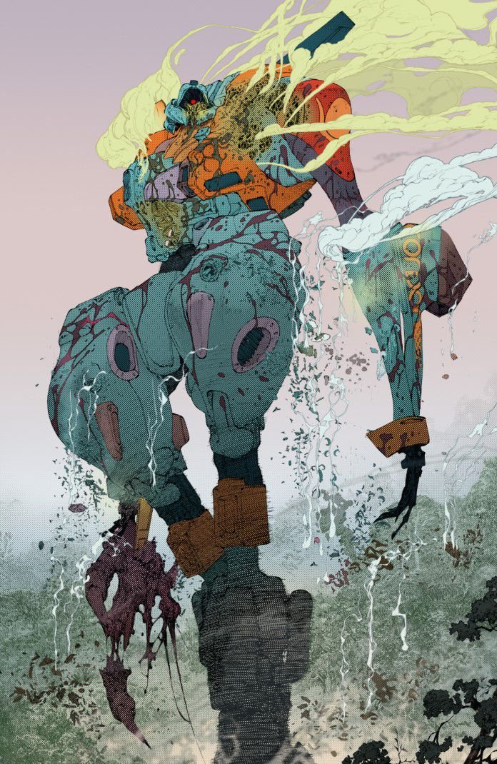 A full-page illustration of Dawnrunner, covered in acid spray, holding the decapitated head of a Tetza.