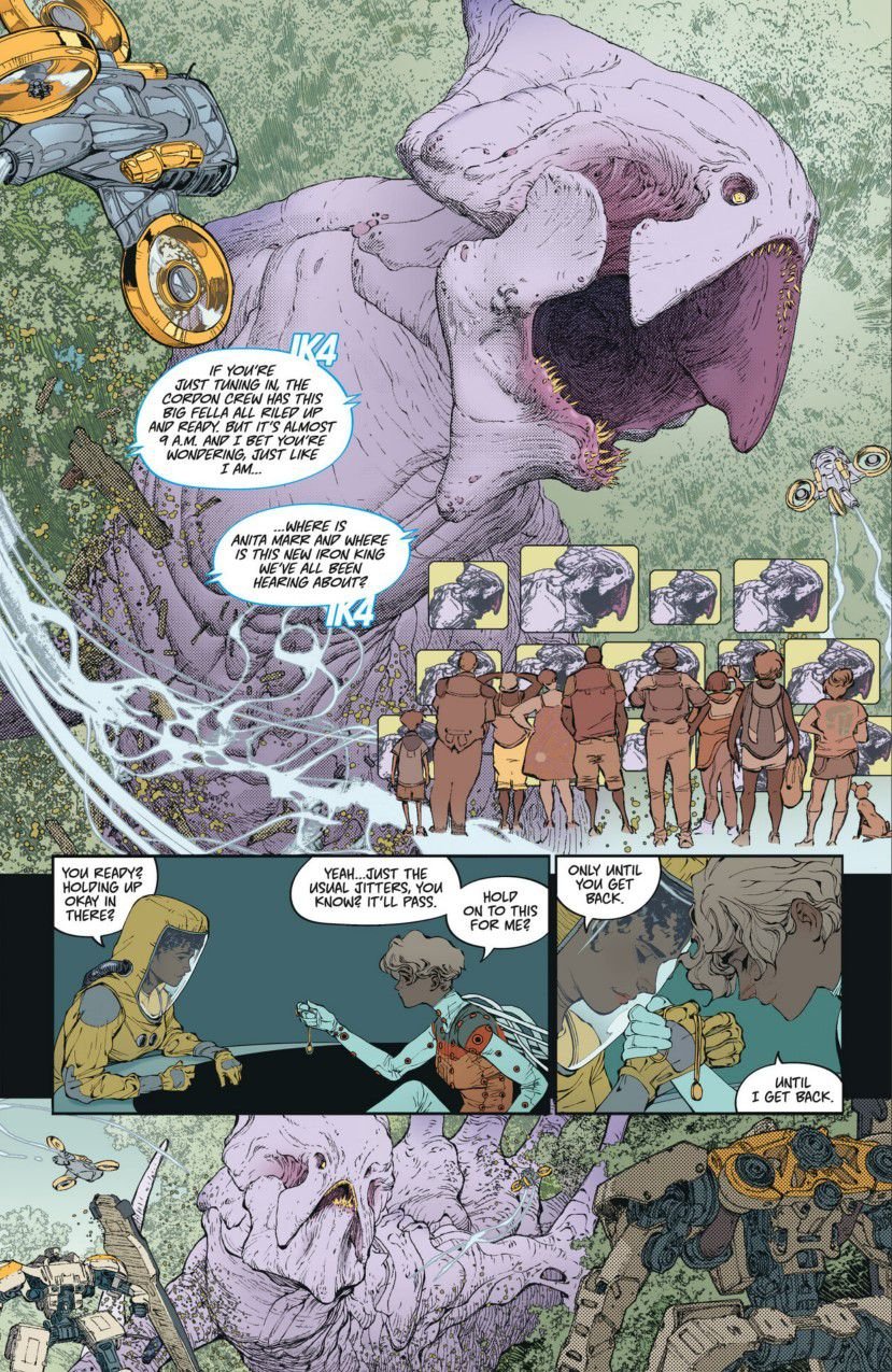 An inside page of Dawnrunner #1, showing a news helicopter flying above a Tetza creature surrounded by a pair of Iron Kings.