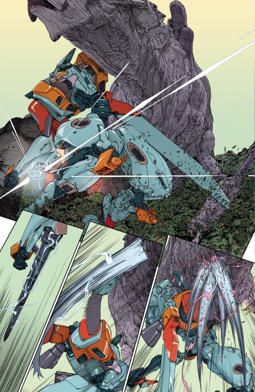 An inside page of Dawnrunner #1, showing the Dawnrunner Iron King lifting a Tetza and stabbing it with a wrist-mounted sword.