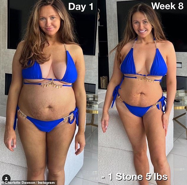 British TV personality Charlotte Dawson, 31, showed off her incredible 19-pound weight loss in Saturday's latest Instagram post as she prepares to get her bikini body ready for her holiday, eight months after giving birth.  She has not confirmed whether she has taken any weight loss medication
