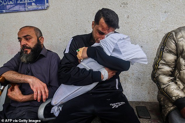 Palestinian father Ashraf weeps as he holds the body of one of his two daughters after they were both killed in a nighttime Israeli airstrike in Rafah, southern Gaza Strip, April 4, 2024