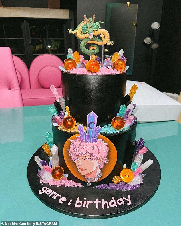 His black birthday cake featured some colorful crystals and a dragon on top and the phrase 'Genre: Birthday'