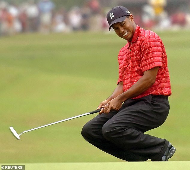 Tiger Woods reacts to missing his birdie putt on the sixth green during the final round of the 105th US Open in Pinehurst, North Carolina, in 2005. He finished tied for third that year