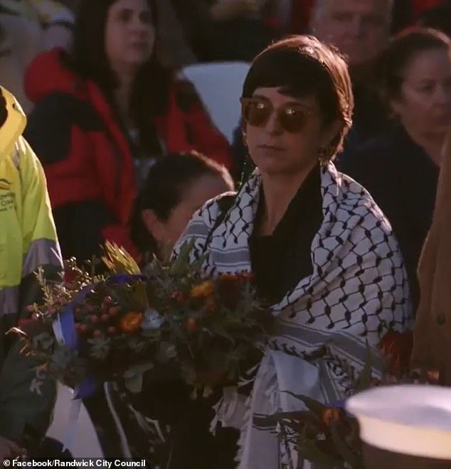 Ms Pandolfini wore the traditional headdress during a morning service in Coogee on Anzac Day.  The keffiyeh has recently become a symbol of support for Palestine