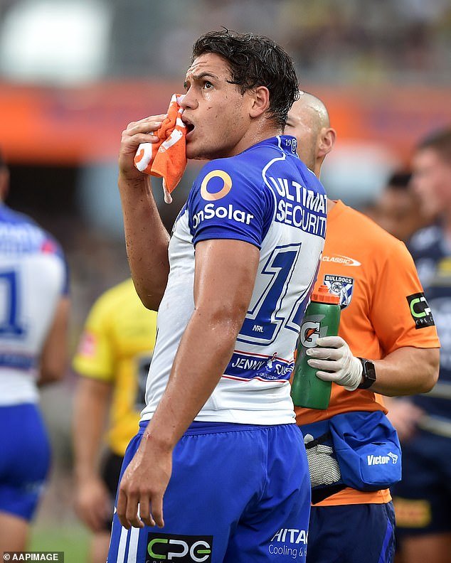 The 22-year-old (pictured playing for the Bulldogs) was reportedly forced to grab his teammates for 30 seconds at a time, while other players were reportedly told not to let up if he showed signs of distress