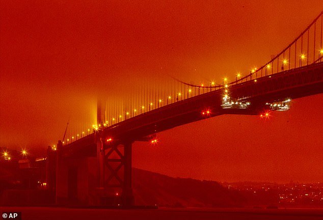 Last year the US experienced its highest levels of air pollution in 25 years.  According to the report, the cause is likely due to climate change, which is causing temperatures to rise and wildfires to spread.  Pictured: Smog covered San Francisco's Golden Gate Bridge in 2020 due to ongoing wildfires