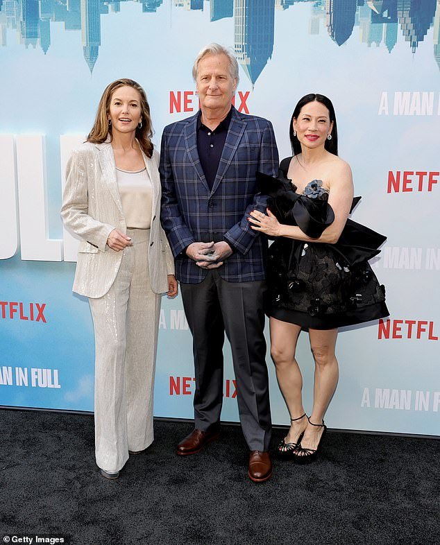 Both Lane and Liu posed a few times with their main co-star Jeff Daniels, who stars as Atlanta real estate mogul Charlie Croker in the Netflix series