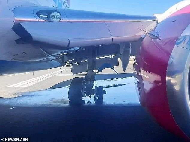 Closer images show the wheel without a tire.  Security personnel at OR Tambo International Airport in Johannesburg, South Africa, noticed on April 21 that the FlySafair aircraft had damaged its undercarriage during takeoff