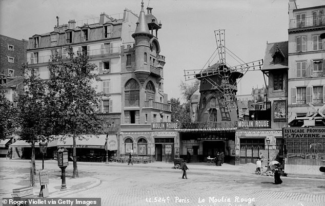 A photo shows the Moulin Rouge around 1895. The building was damaged by fire in 1915