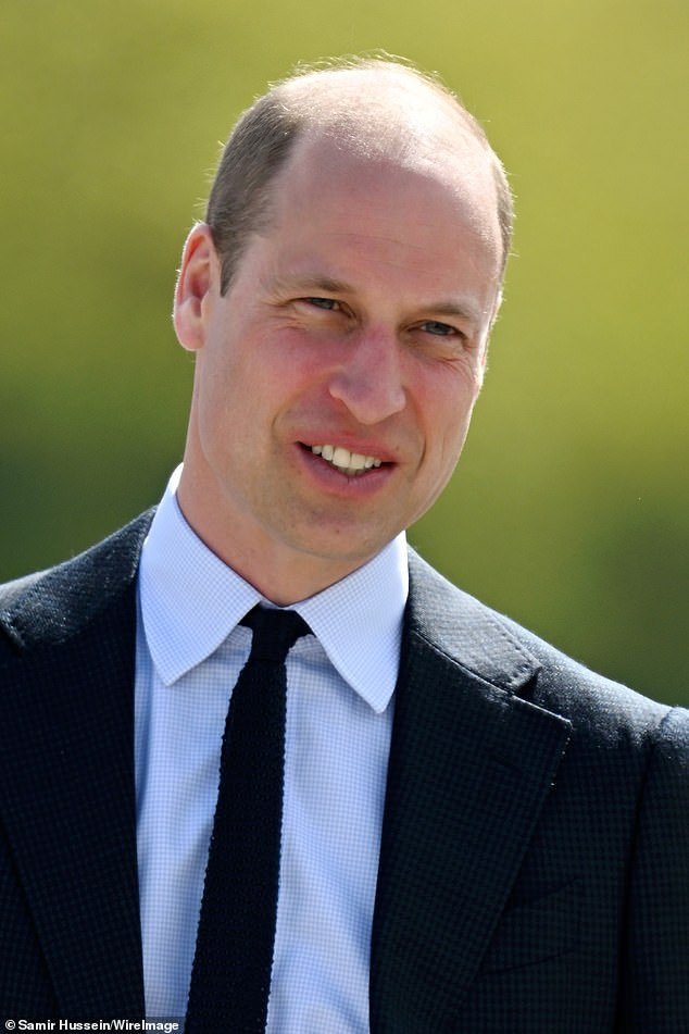 Prince William looked sharp in a dark suit with a blue checked shirt and a thin black tie as he smiled upon arrival