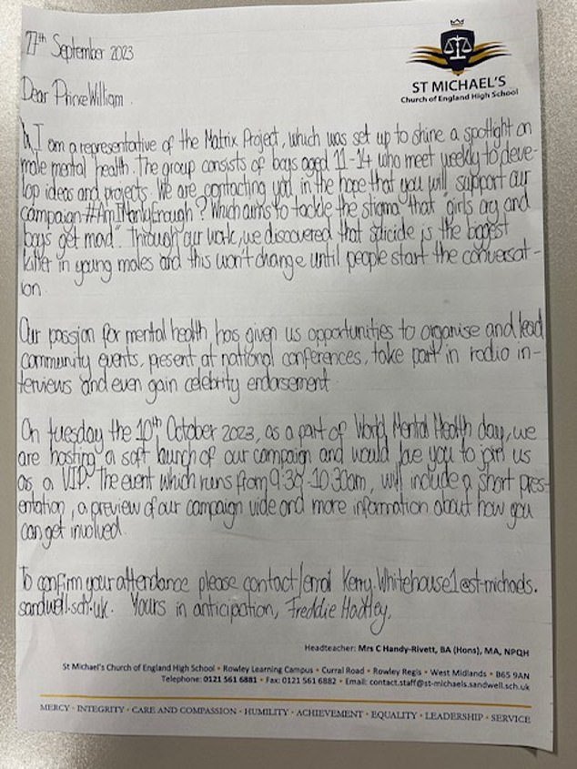 Freddie Hadley, 12, wrote to the Prince of Wales last year, telling him about the initiative he and his peers have set up to help students manage their mental health