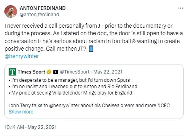 Anton Ferdinand, meanwhile, said he never received a phone call from Terry after the incident