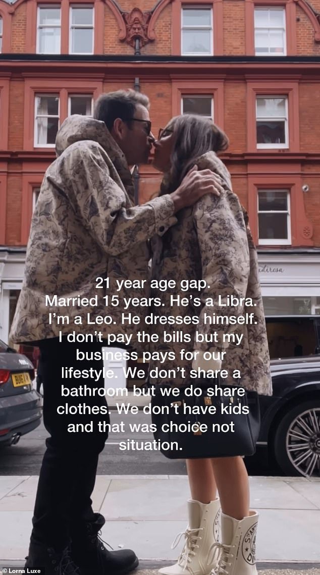 About a sweet video of them sitting on the street, she wrote: 'Age difference of 21 years.  Married for 15 years.  He is a Libra.  He dresses himself.  I don't pay the bills, but my company pays for our lifestyle'