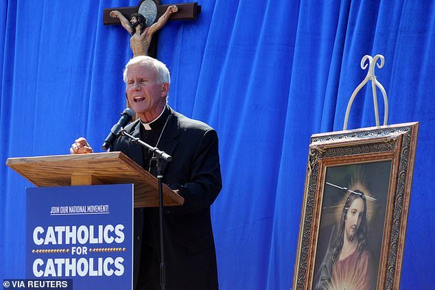 Catholic Bishop Joseph Strickland speaks during a protest rally
