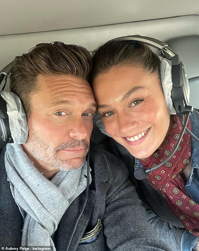 Two of the photos were of the couple playing golf and the other was of their heads close together with headphones on while on board what appears to be a helicopter