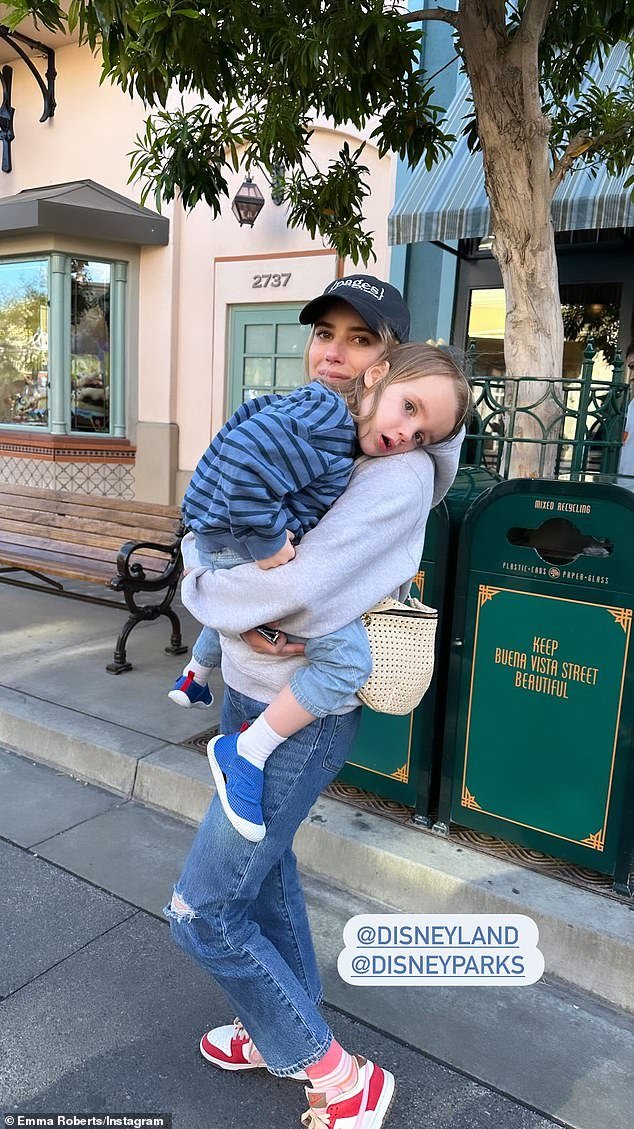 The 33-year-old AHS: Delicate star – who has 20.7 million Instagram followers – captioned her slideshow: “The only thing that could make the most magical place on earth more magical?  I see it for the first time with your son'