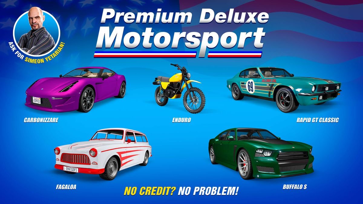GTA Online promo art for vehicles on sale this week at Premium Deluxe Motorsports.