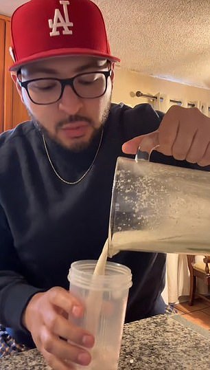 He pours the oat smoothie