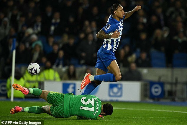 Man City goalkeeper Ederson dives at the feet of Brighton striker Joao Pedro