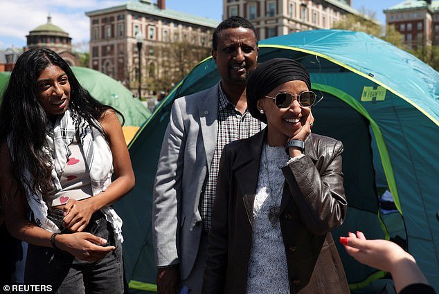 Omar appeared to enjoy her tour of the Ivy League school's Gaza Solidarity Encampment, which has been going on for more than a week despite threats from police and the university