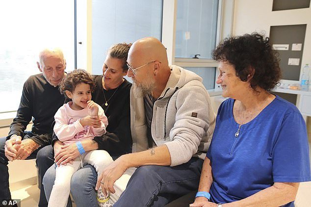 Abigail is seen with her aunt Liron, third from left, her uncle Zuli, second from right, and her grandparents Shlomit, right, and Eitan at Schneider Children's Medical Center after her release