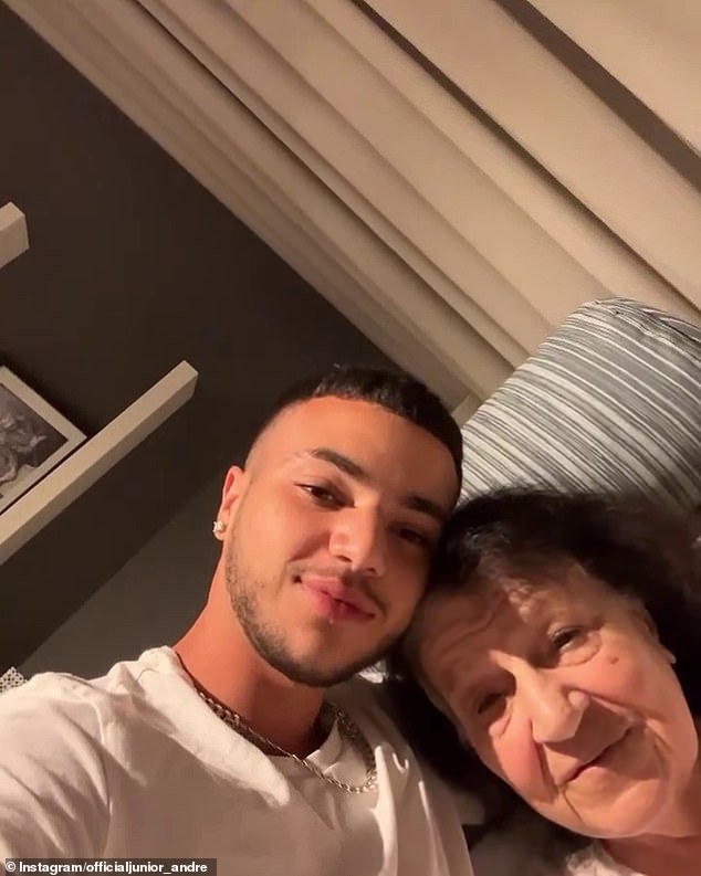 In the photos, Junior kisses his grandmother's head as she smiles, and later leans into her for a cute selfie.  Pictured