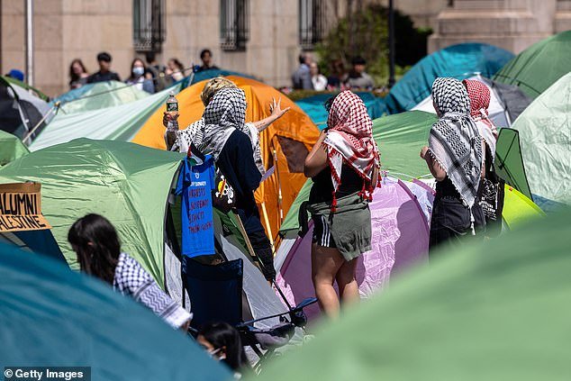 Student demonstrators occupy the pro-Palestinian 'Gaza Solidarity Encampment' on Columbia University's West Lawn on April 24