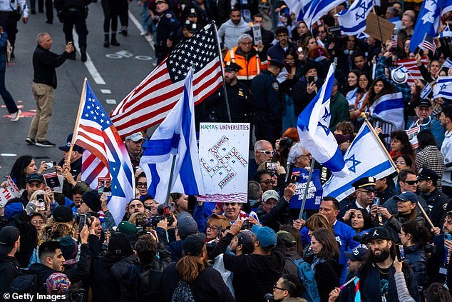 On April 25, 2024 in New York City, a rally in support of Israel will be held outside the gates of Columbia University.  Supporters of Israel respond to the growing number of college campuses across the country whose student protesters are setting up pro-Palestinian tent camps on school grounds