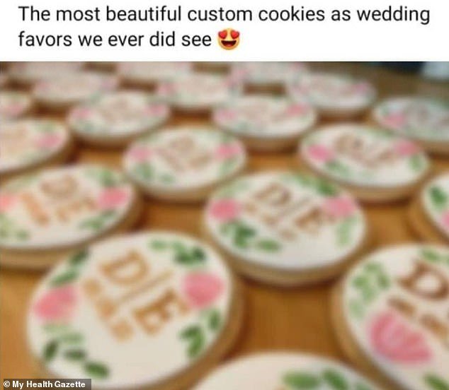 A bride believed to be from the US praised her baker for making 'the most beautiful custom cookies as wedding favors', but guests could see something more sinister
