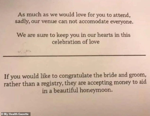 A cheeky couple, believed to be from the US, sent cards to those who didn't make the guest list for their wedding but still asked for money to fund their 'beautiful honeymoon'
