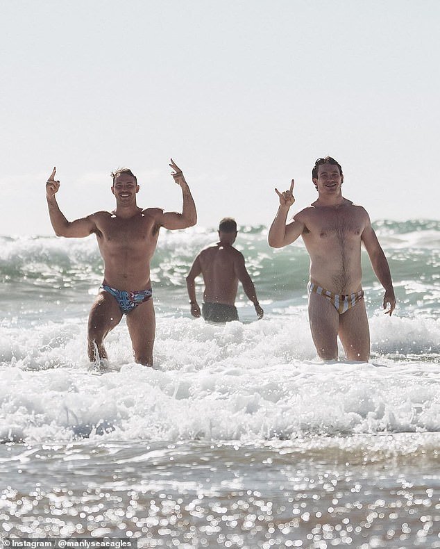 Nudity and near-nudity are common in the NRL, pictured Manly Sea Eagles players Karl Lawnton and Ethan Bullemor enjoying time in the surf