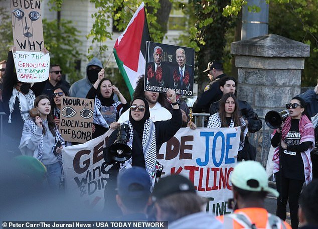 Pro-Palestinian demonstrators marched down Main Street and Broadway in Irvington to protest the president's visit