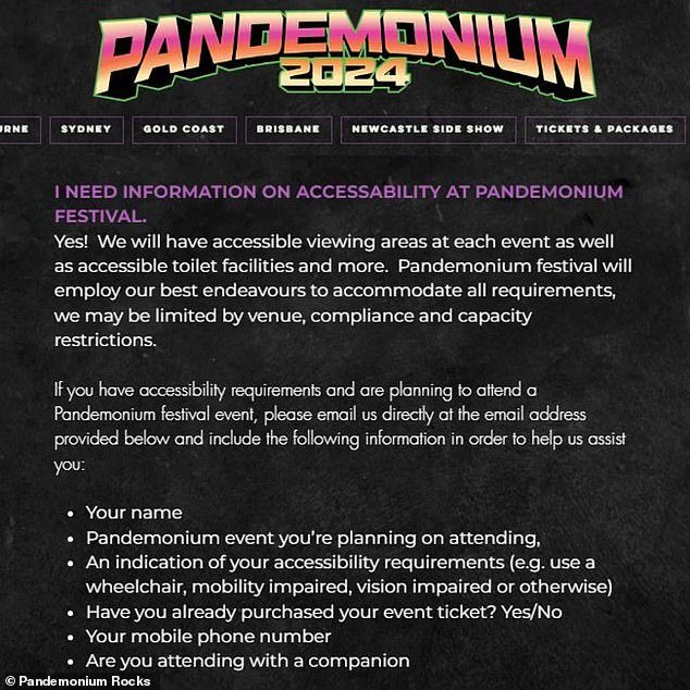 Pandemonium Rocks provided accessibility information on its website and said it would 'do our utmost to meet all requirements'