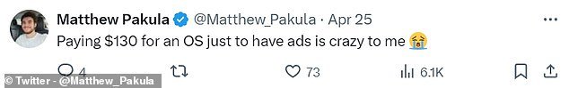 Windows users have expressed their frustrations on social media, complaining that it's 'crazy' to get ads in an operating system they've already paid for