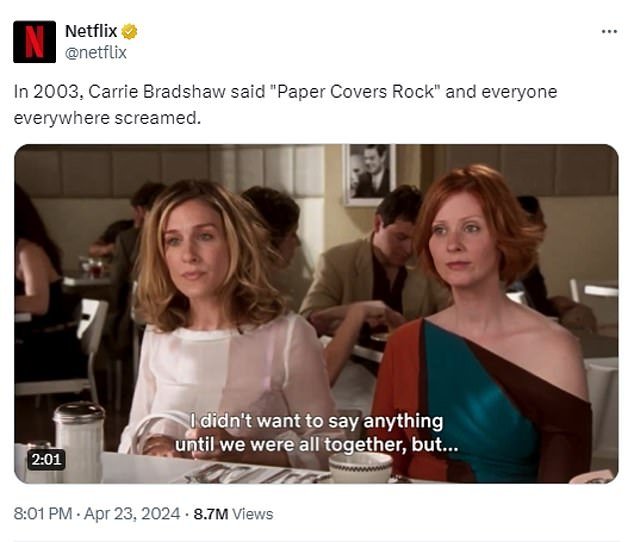 Earlier this week, Netflix's Twitter account shared a clip from 2003's Season 6, Episode 7 – called The Post-It Always Sticks Twice – with the caption: “In 2003, Carrie Bradshaw said "Paper covered rock" and everyone everywhere was screaming'