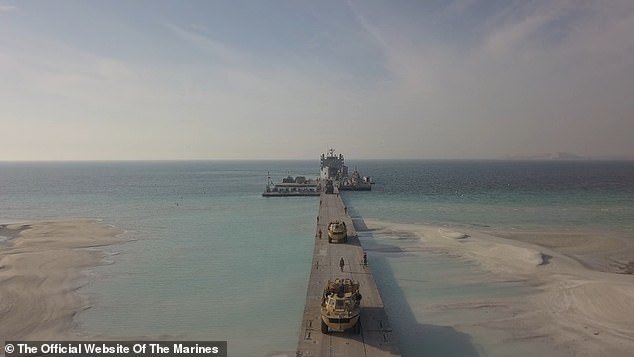 A 2020 video shows a U.S. Army floating aid pier off the coast of the United Arab Emirates with a similar arrangement to the pier to be built off the coast of Gaza.