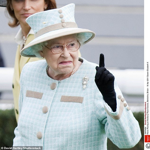 Queen Elizabeth wags her finger at the Newbury Race Course in 2011