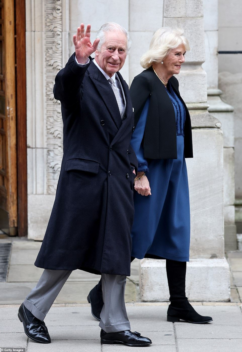 King Charles III leaves with Queen Camilla after undergoing treatment for an enlarged prostate at the London Clinic on January 29.  The Monarch would later reveal he has cancer - but today there is good news as he is cleared by doctors to return to public life.  duties - but not everything is clear yet