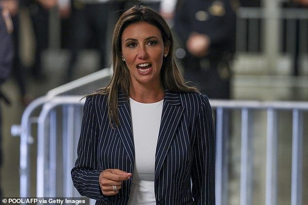 Lawyers for former President Donald Trump Alina Habba speak in Manhattan Criminal Court during Trump's trial for allegedly covering up hush money payments related to extramarital affairs in New York on April 22, 2024
