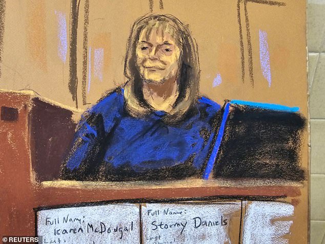 Rhona Graff testifies during former US President Donald Trump's criminal trial on charges that he falsified business records to hide money paid to silence porn star Stormy Daniels in 2016, in Manhattan State Court in New York City, USA, April 26, 2024, in this courtroom sketch
