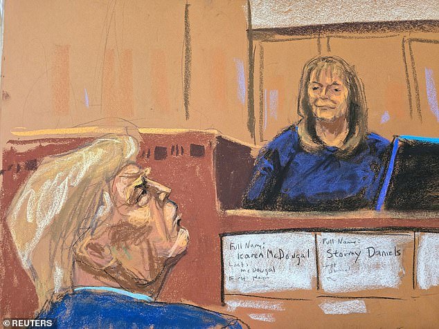 Rhona Graff testifies as former US President Donald Trump watches during Trump's criminal trial on charges that he falsified business records to hide money paid to silence porn star Stormy Daniels in 2016, in Manhattan District Court in New York City, USA, April 26, 2024. in this courtroom sketch