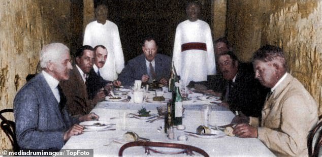 Pictured is a luncheon in a tomb, present are JH Breasted (died from exposure to X-rays, Harry Burton (died from diabetes), A Lucas, AR Callender (died from ill health), Arthur Mace (died from poison) - all no older than their fifties